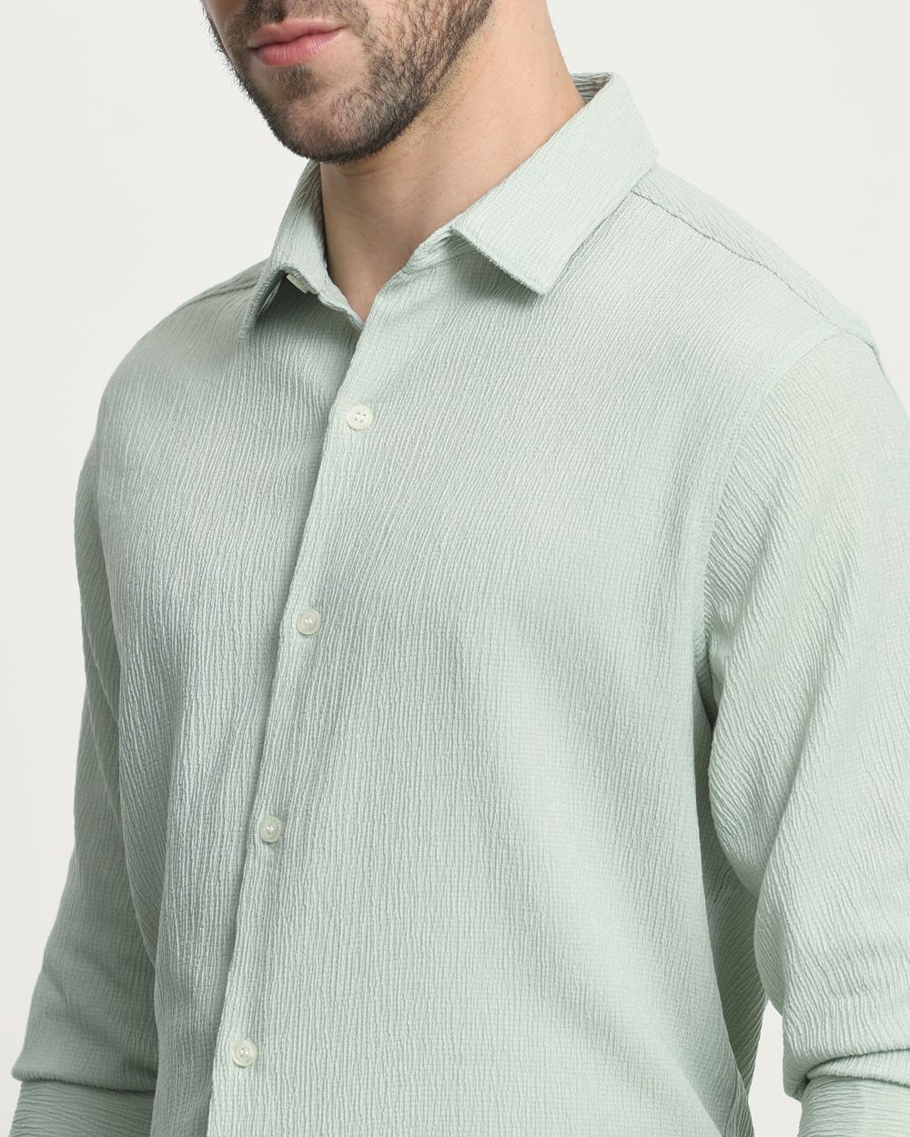 Light Green Textured Plain  Slim Fit Casual Shirt