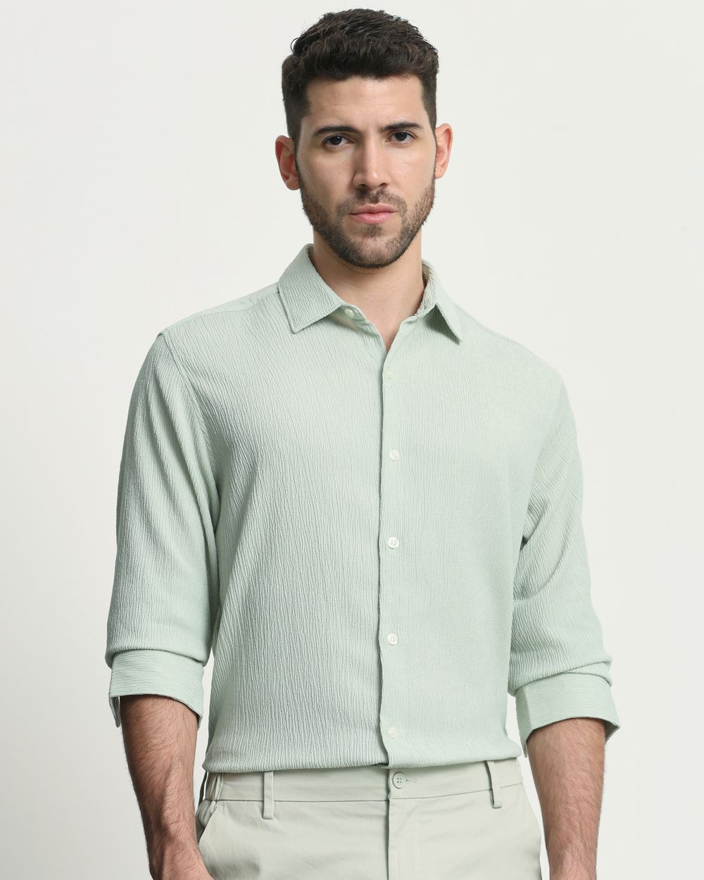 Light Green Textured Plain  Slim Fit Casual Shirt
