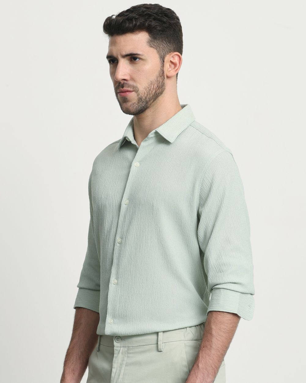 Light Green Textured Plain  Slim Fit Casual Shirt