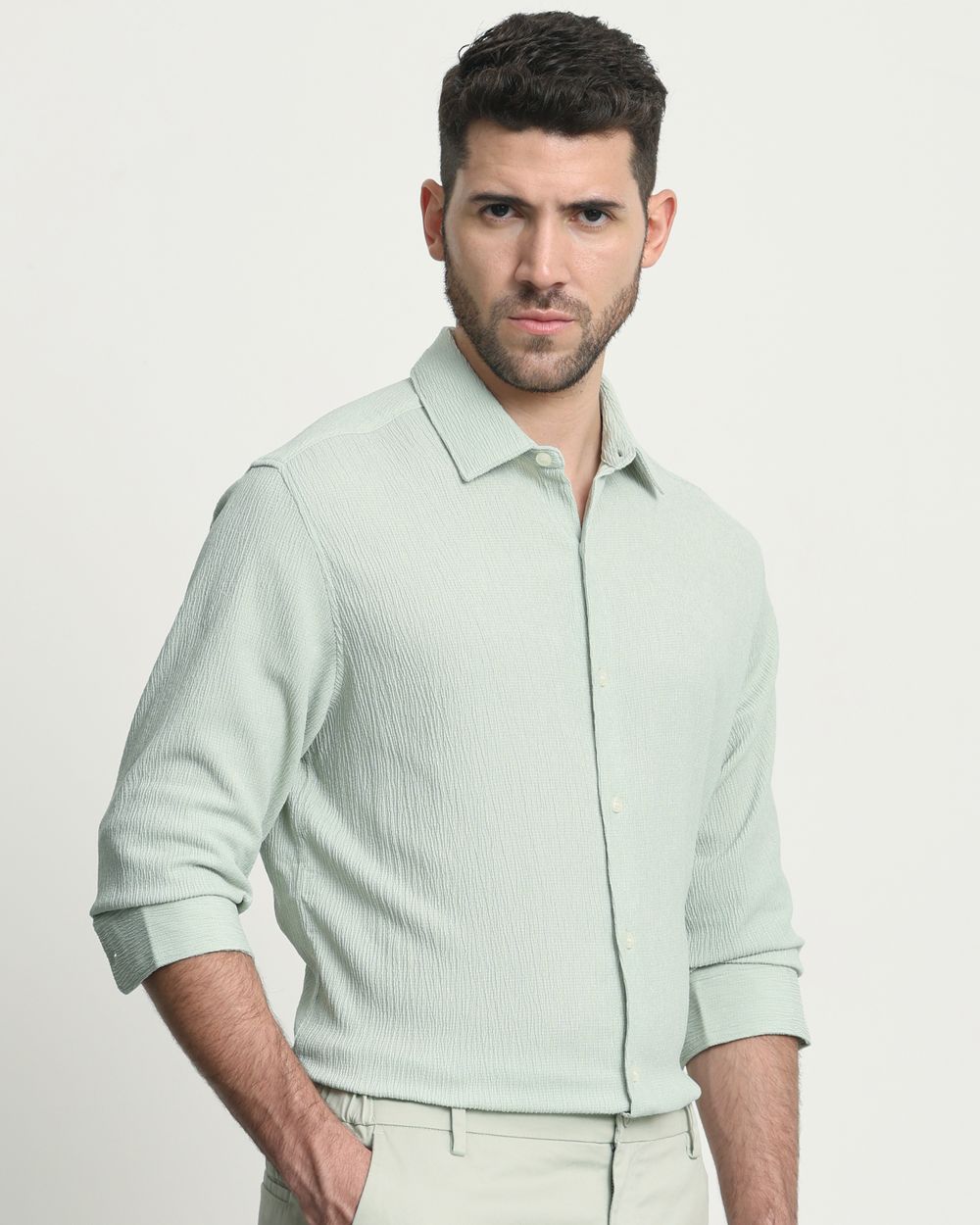 Light Green Textured Plain  Slim Fit Casual Shirt