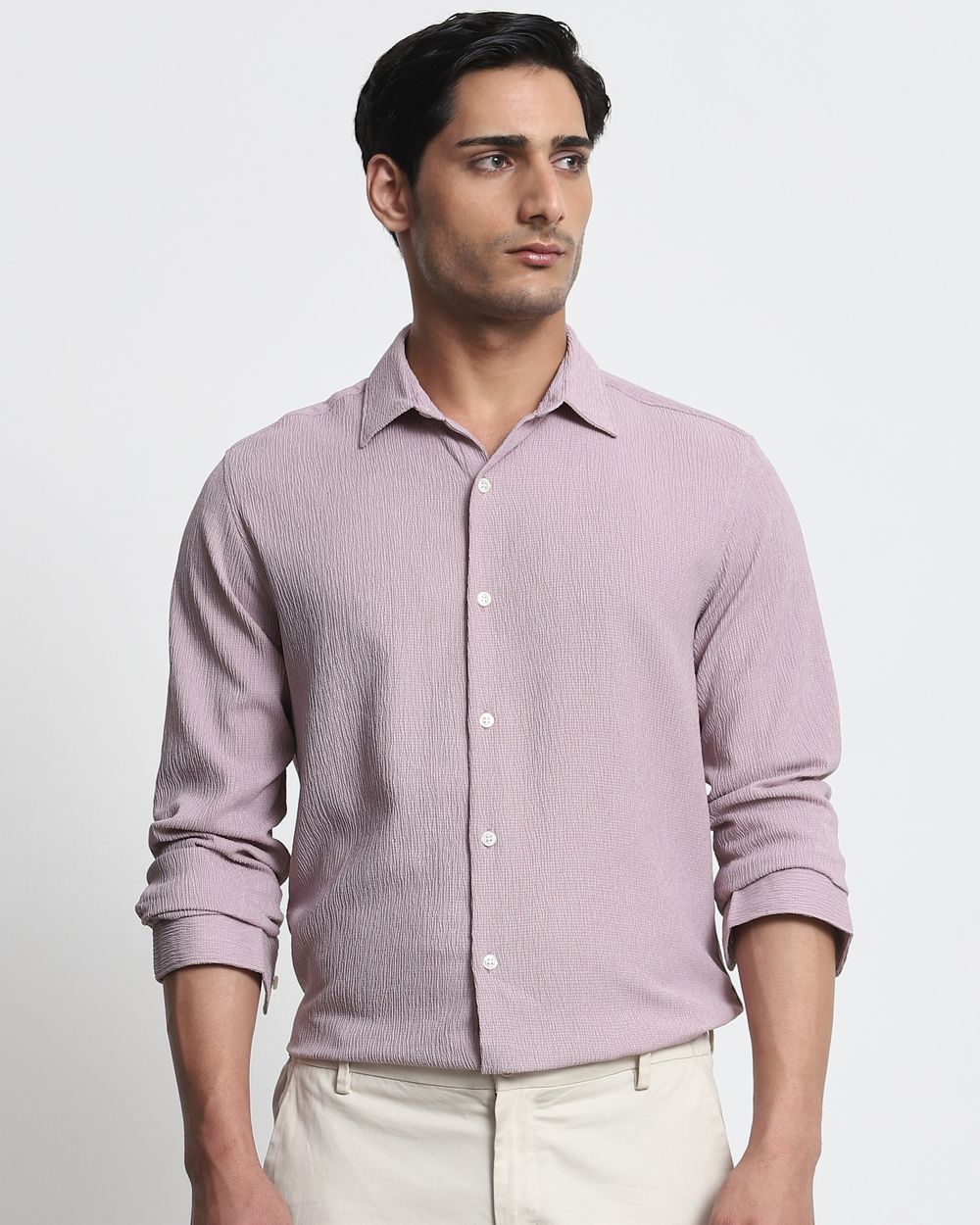 Lilac Textured Plain  Slim Fit Casual Shirt