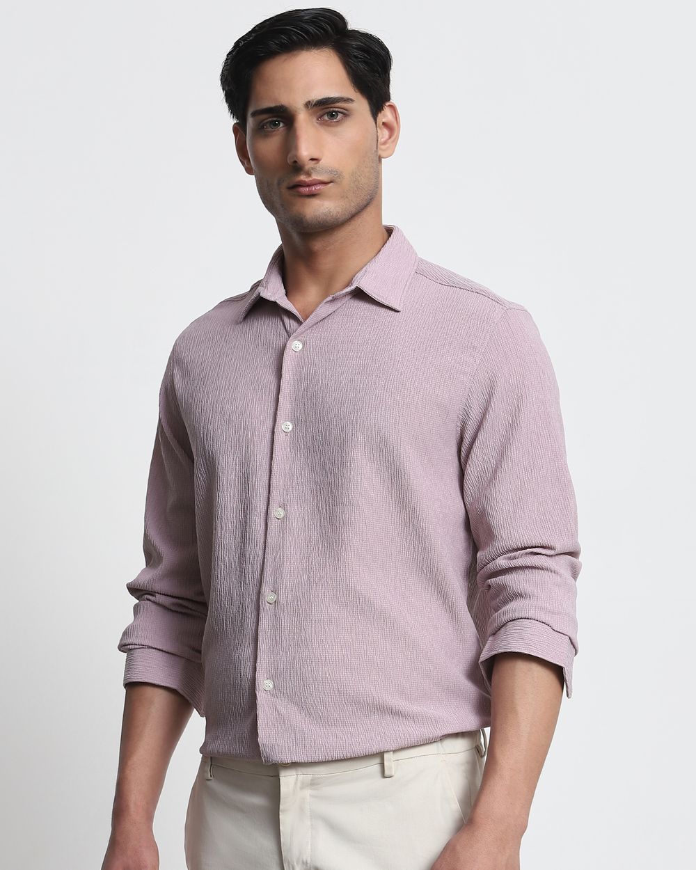 Lilac Textured Plain  Slim Fit Casual Shirt