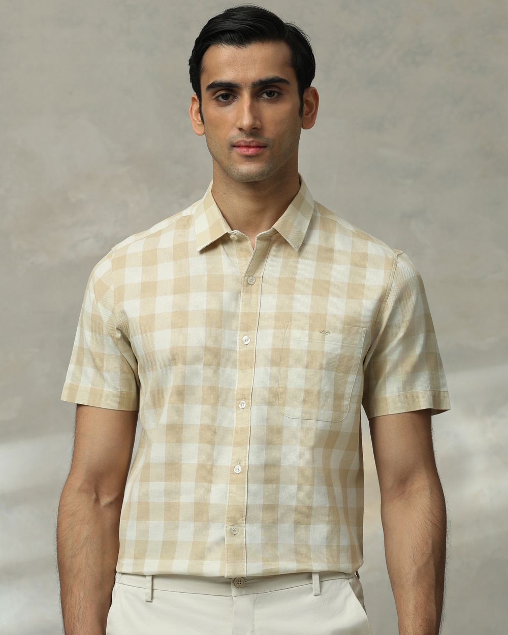 Light Khaki Square Check  Slim Fit Casual Shirt