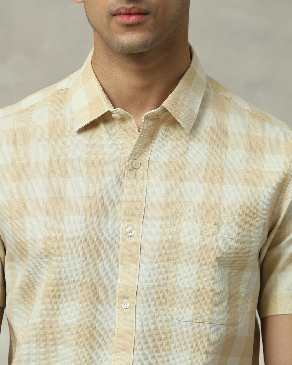 Light Khaki Square Check  Slim Fit Casual Shirt
