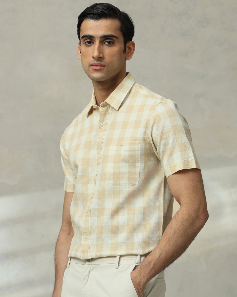 Light Khaki Square Check  Slim Fit Casual Shirt