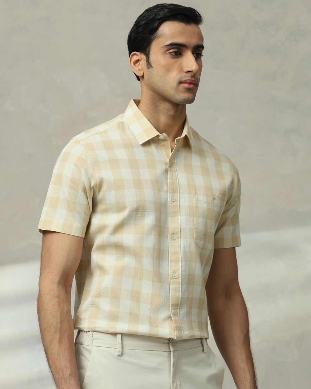 Light Khaki Square Check  Slim Fit Casual Shirt