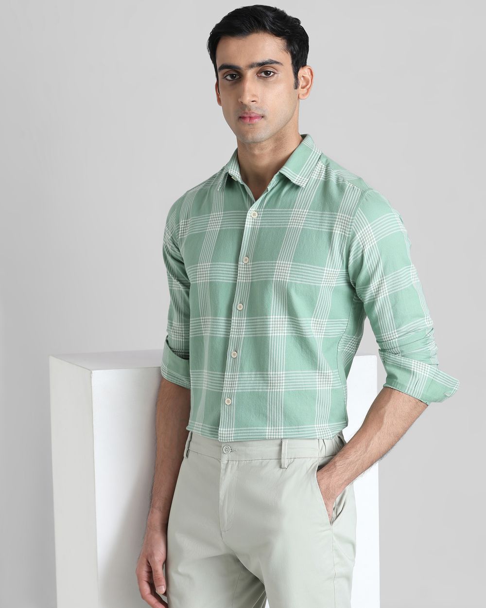 Light Green Large Check  Slim Fit Casual Shirt