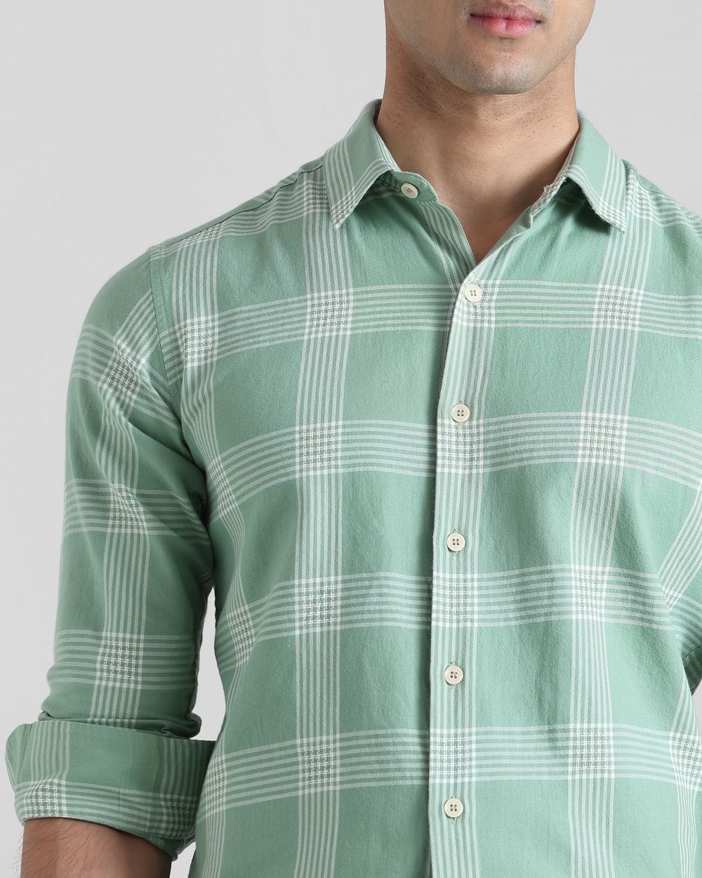 Light Green Large Check  Slim Fit Casual Shirt