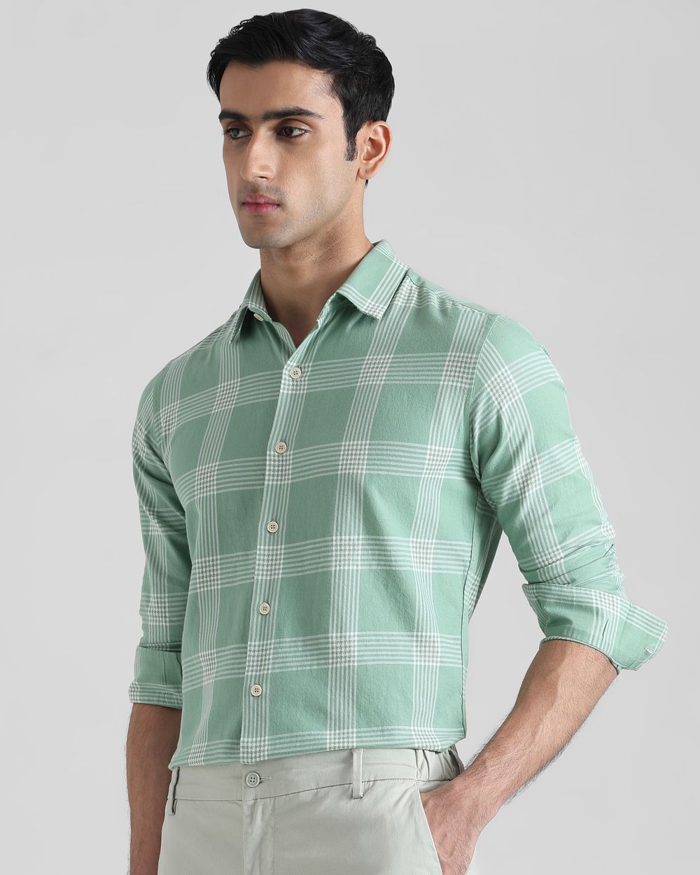 Light Green Large Check  Slim Fit Casual Shirt