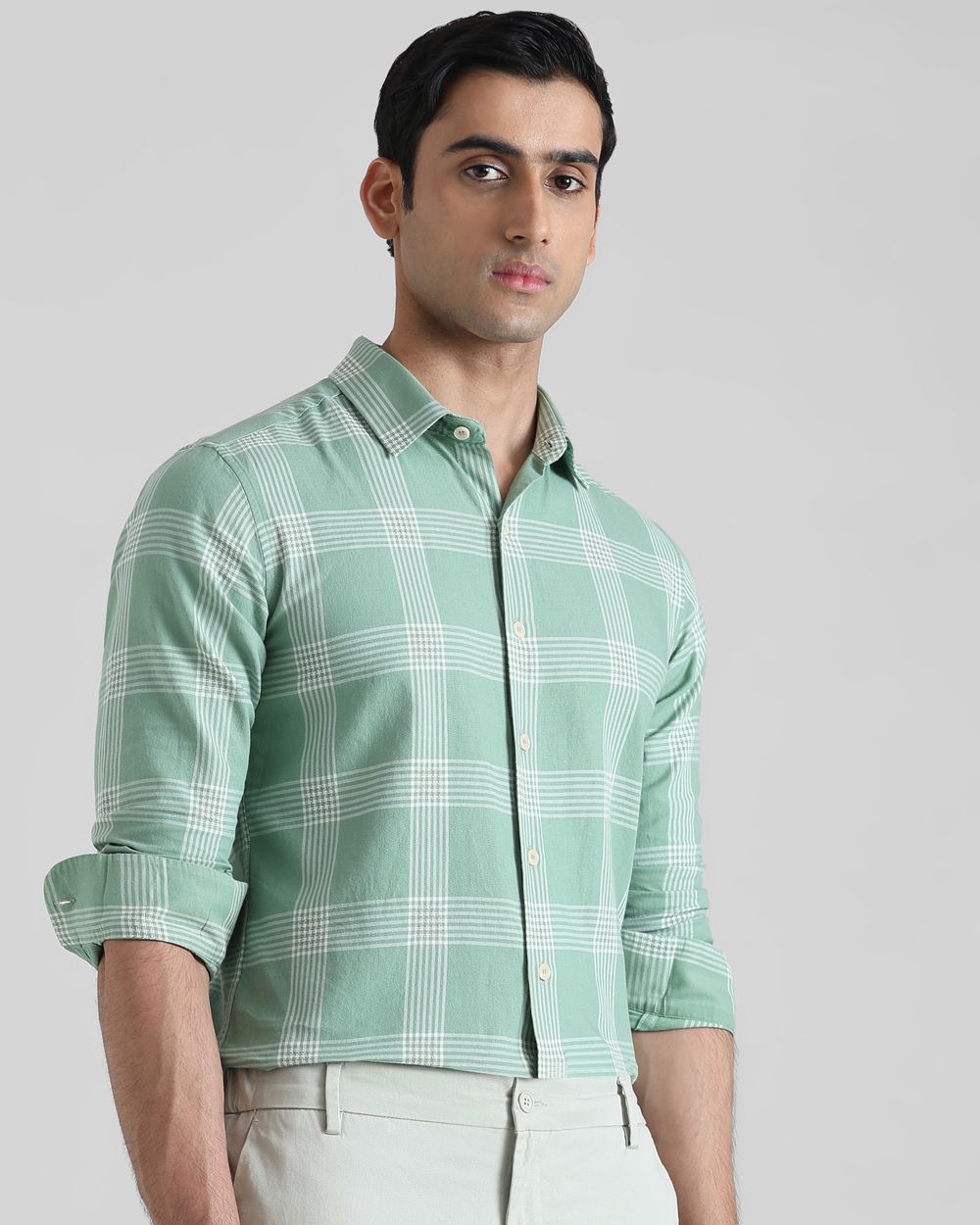 Light Green Large Check  Slim Fit Casual Shirt