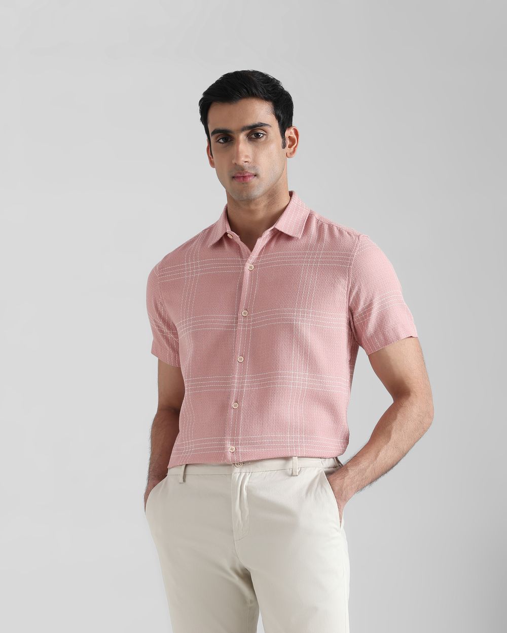 Pink Textured Check  Slim Fit Casual Shirt