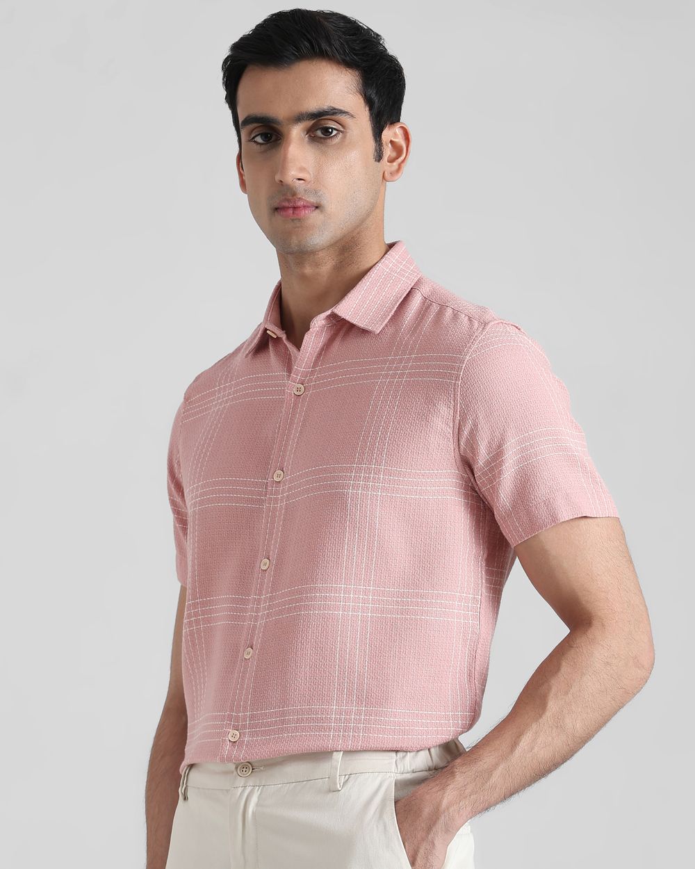 Pink Textured Check  Slim Fit Casual Shirt