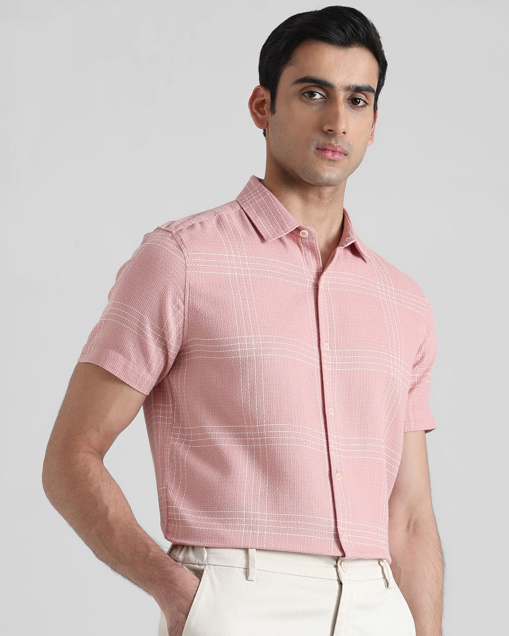 Pink Textured Check  Slim Fit Casual Shirt