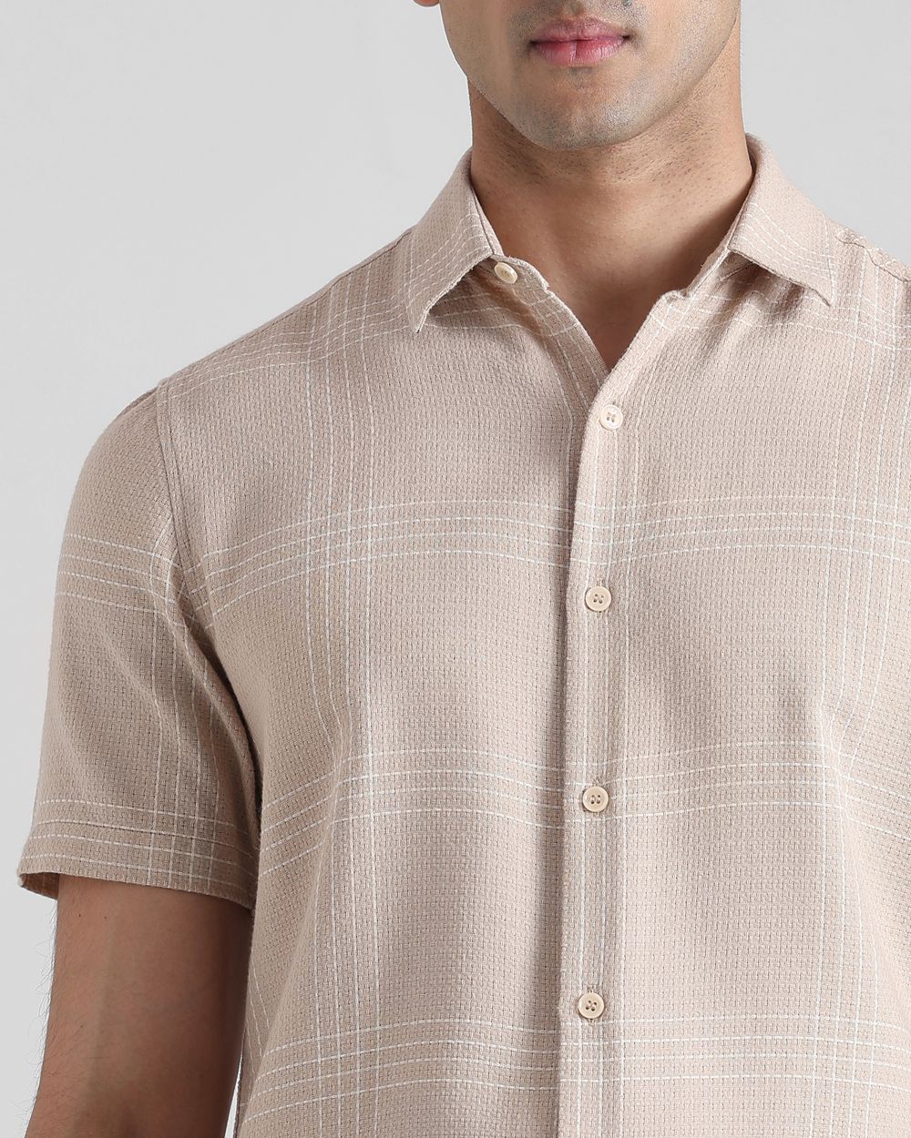Beige Textured Check  Slim Fit Casual Shirt