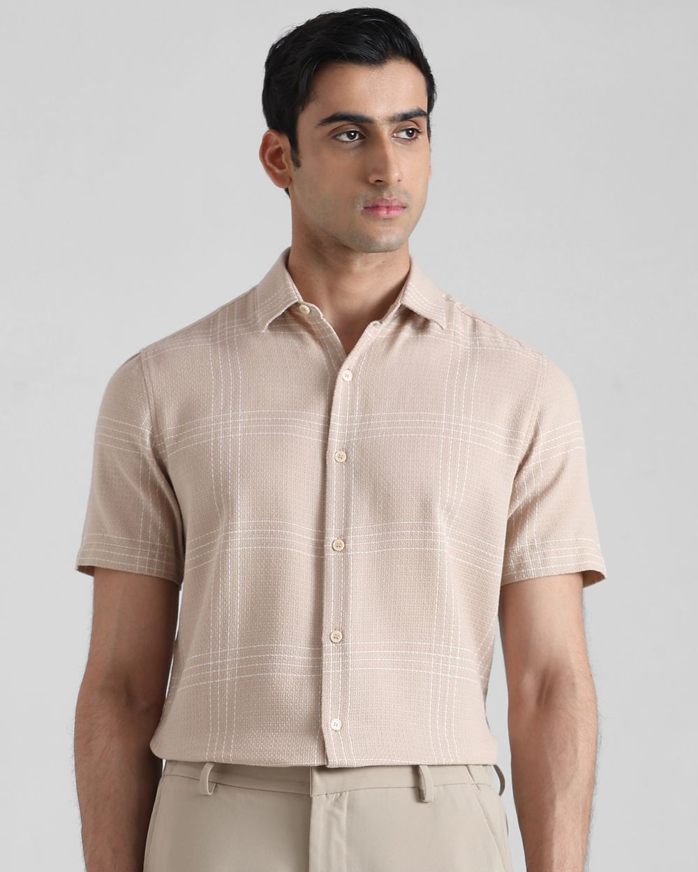 Beige Textured Check  Slim Fit Casual Shirt
