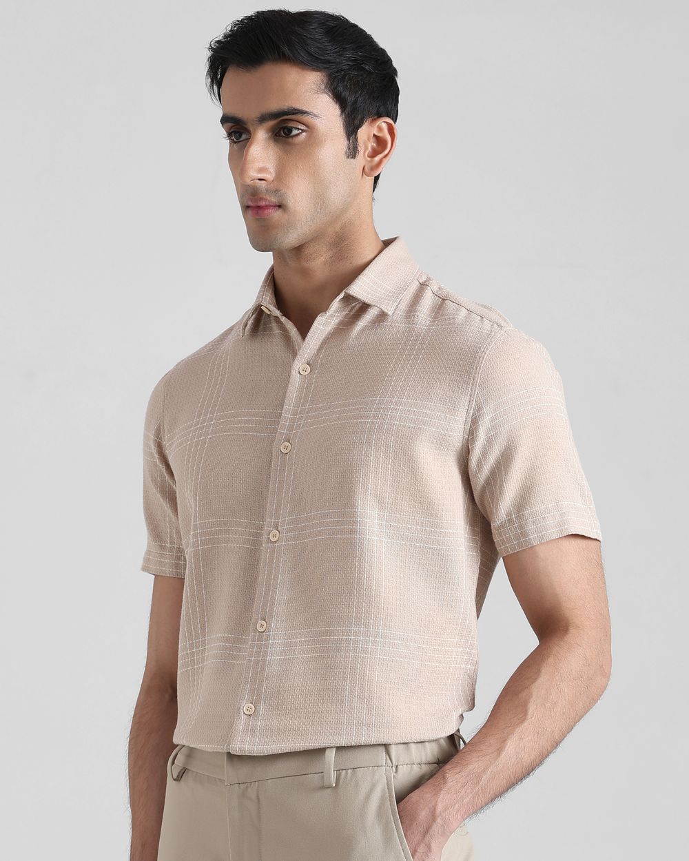 Beige Textured Check  Slim Fit Casual Shirt