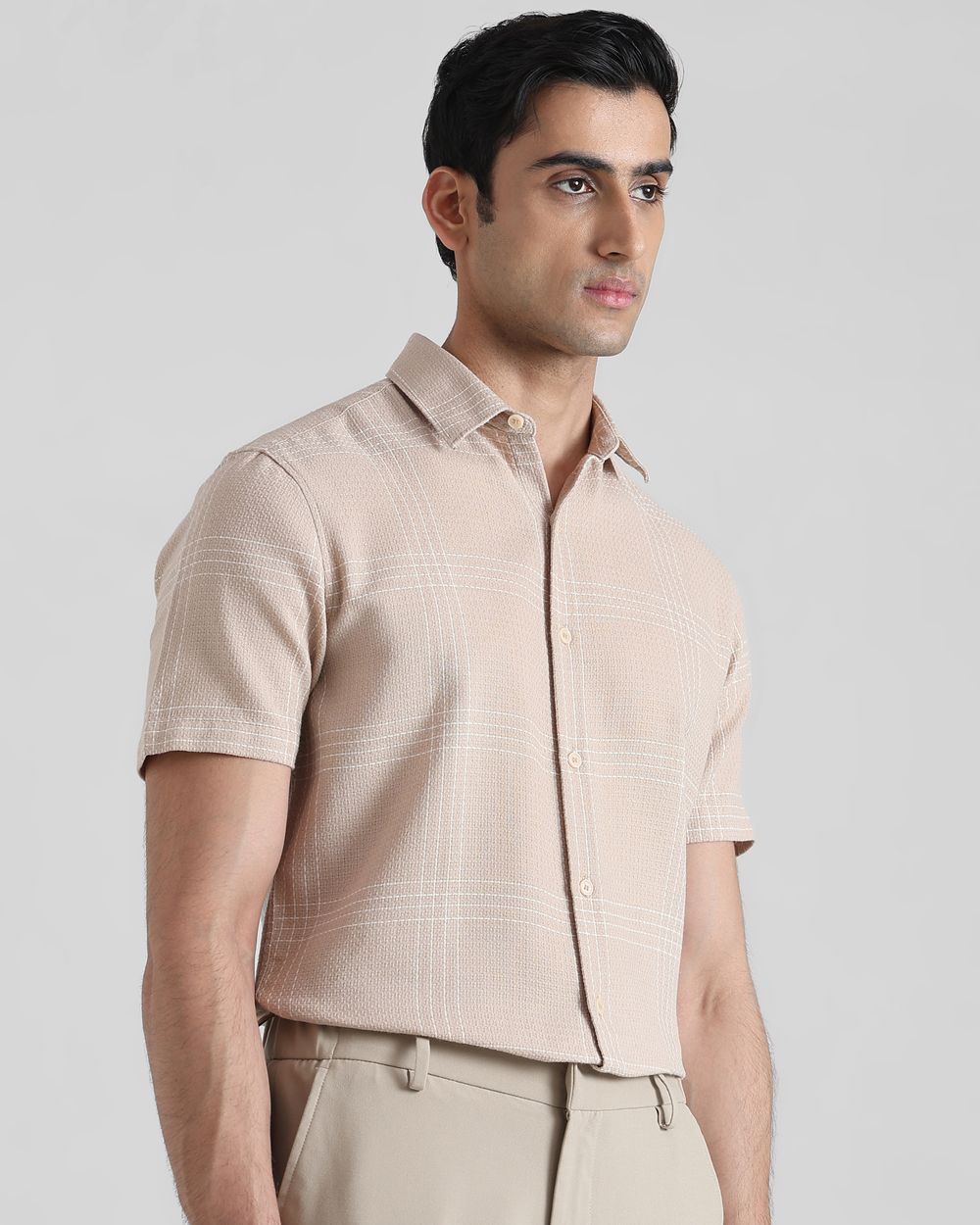 Beige Textured Check  Slim Fit Casual Shirt