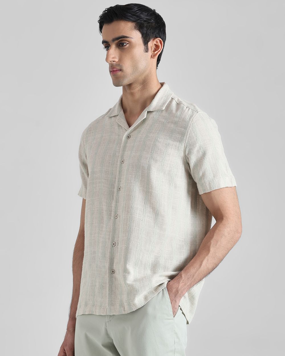 Off White Textured Stripe  Relaxed Fit Casual Shirt