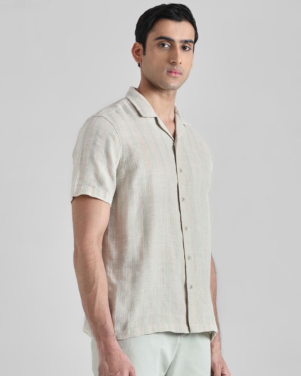 Off White Textured Stripe  Relaxed Fit Casual Shirt