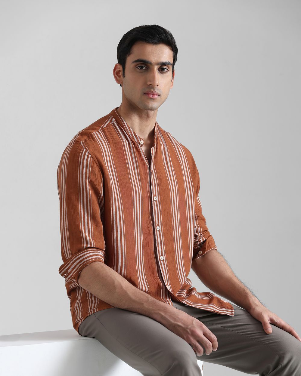 Rust Textured Stripe  Slim Fit Casual Shirt