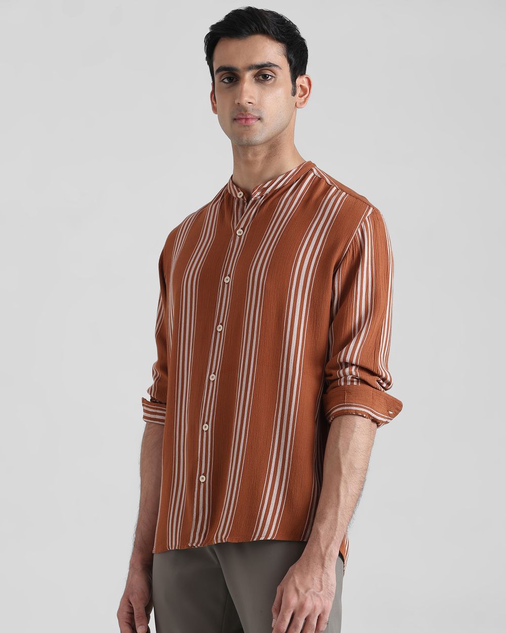 Rust Textured Stripe  Slim Fit Casual Shirt