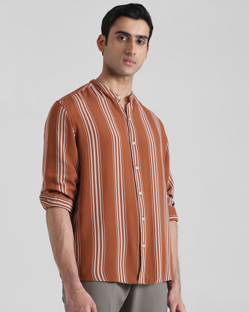 Rust Textured Stripe  Slim Fit Casual Shirt