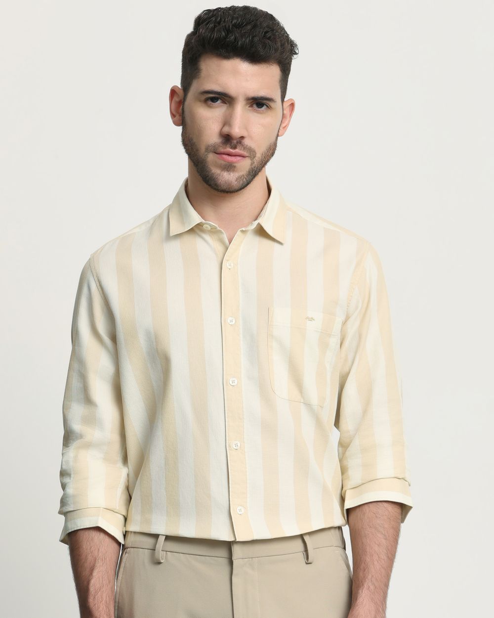 Light Khaki Textured Stripe  Slim Fit Casual Shirt