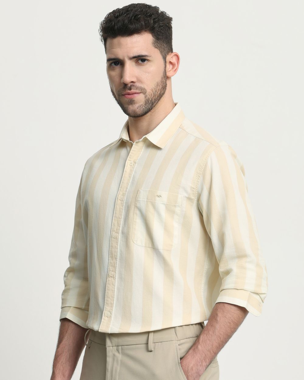 Light Khaki Textured Stripe  Slim Fit Casual Shirt