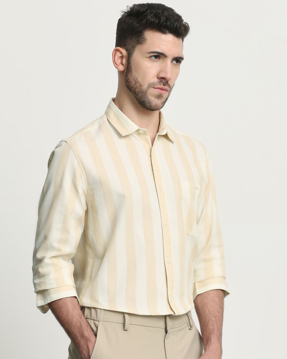 Light Khaki Textured Stripe  Slim Fit Casual Shirt