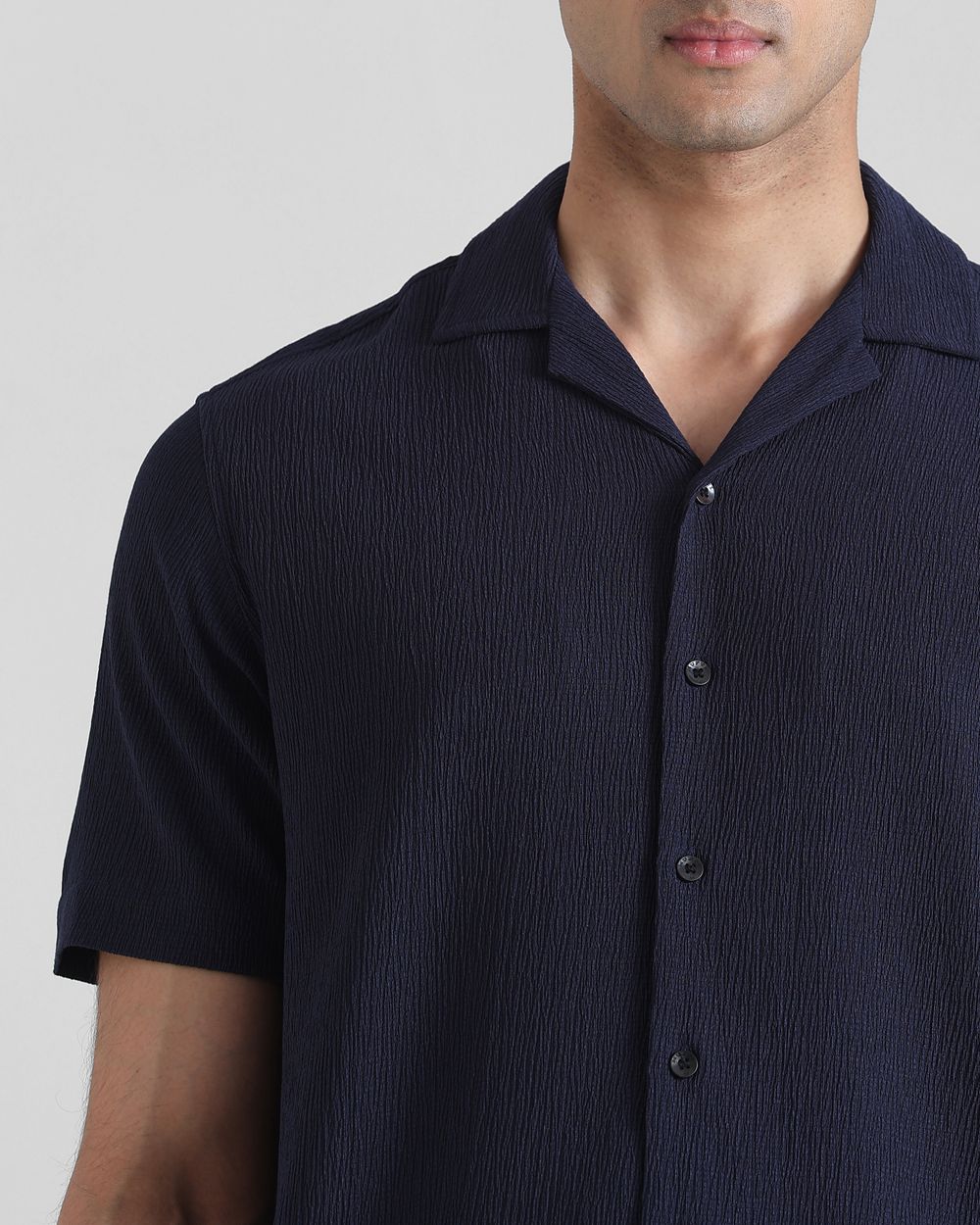 Navy Textured Plain  Relaxed Fit Casual Shirt