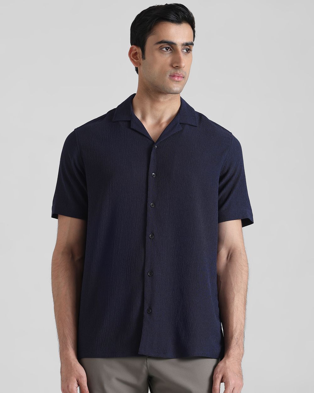 Navy Textured Plain  Relaxed Fit Casual Shirt