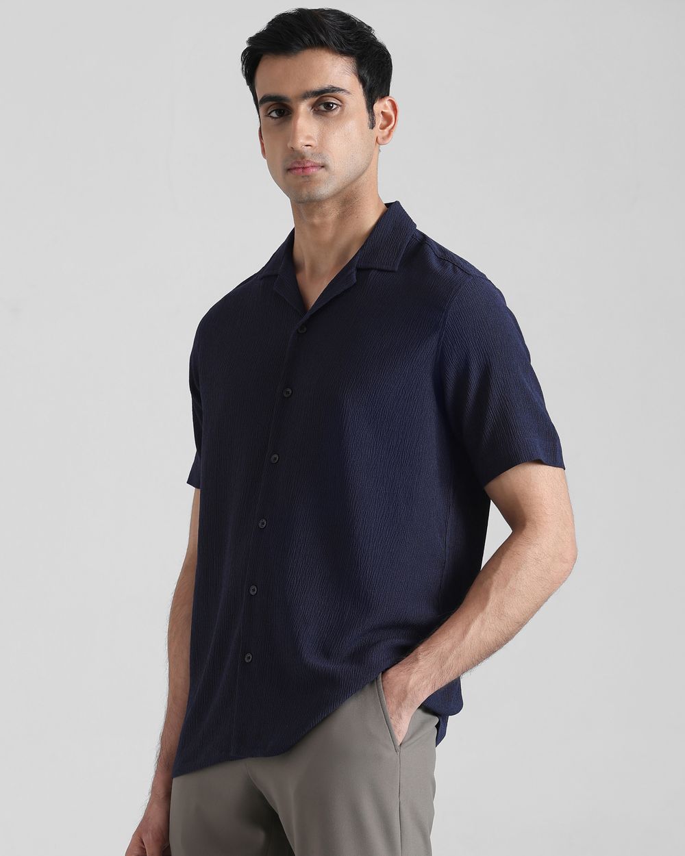 Navy Textured Plain  Relaxed Fit Casual Shirt