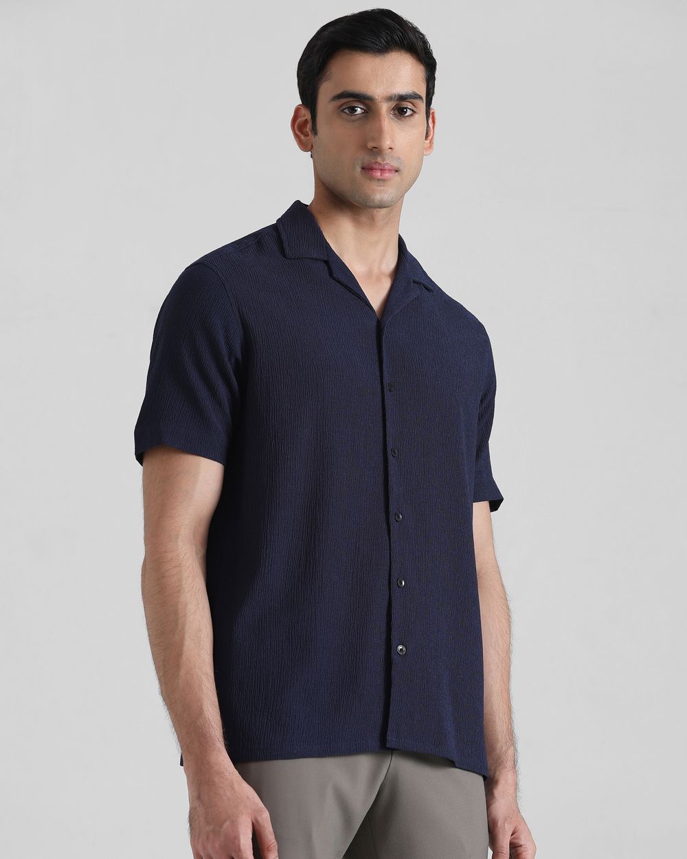 Navy Textured Plain  Relaxed Fit Casual Shirt