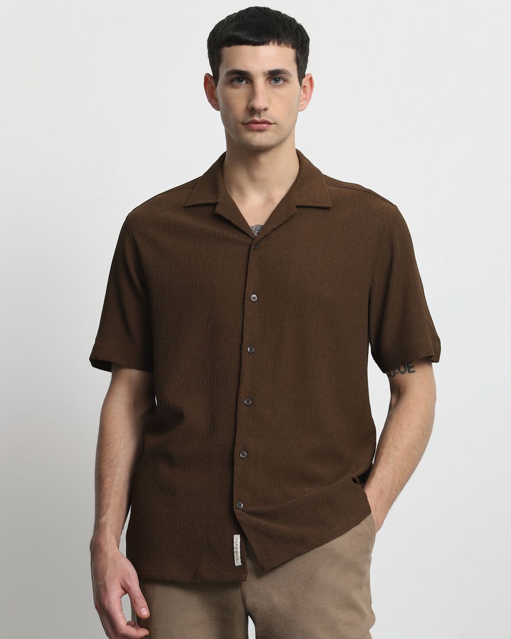 Brown Textured Plain  Relaxed Fit Casual Shirt