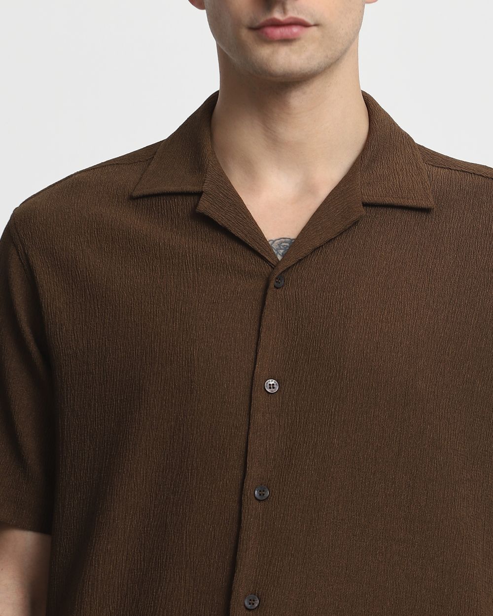 Brown Textured Plain  Relaxed Fit Casual Shirt