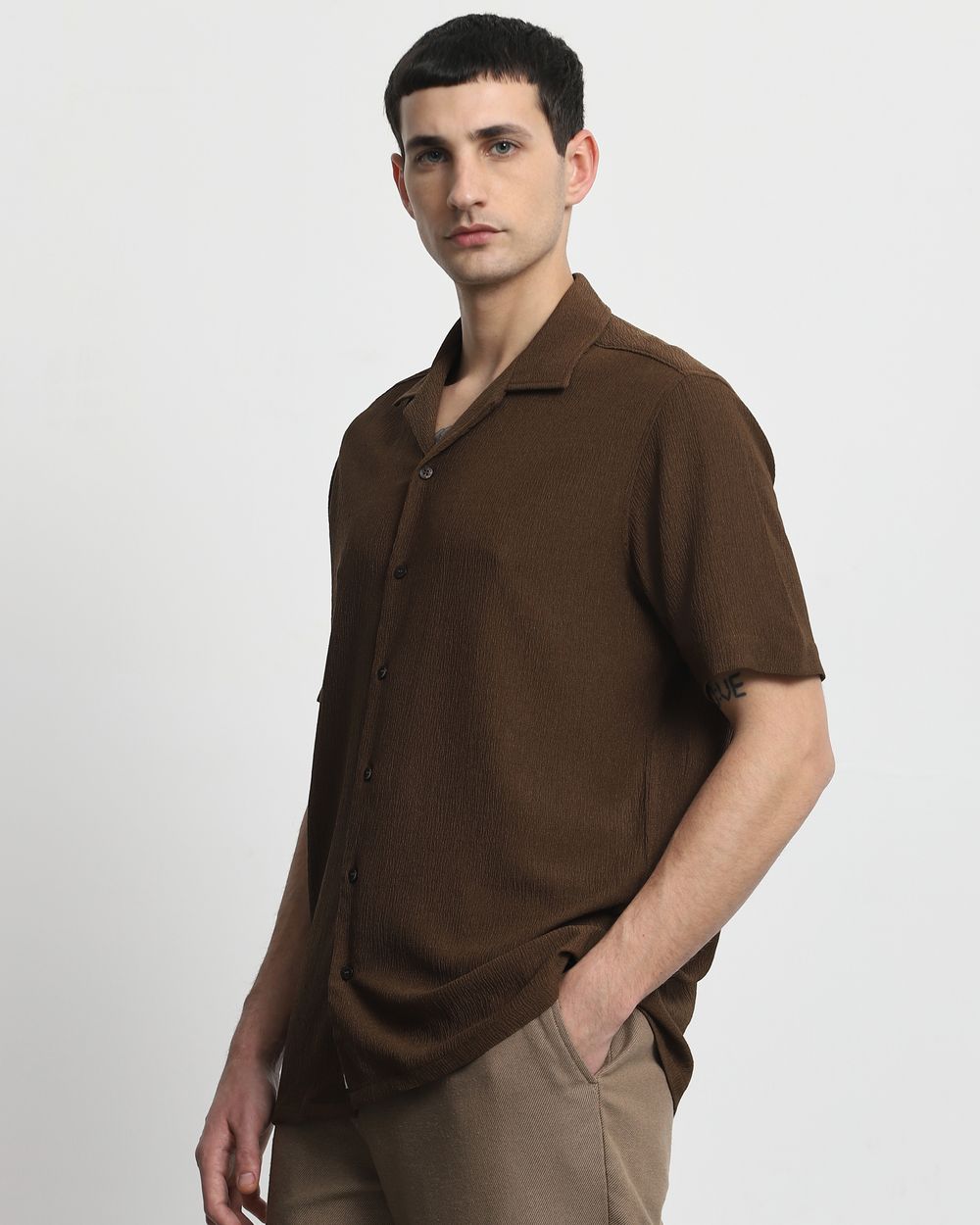 Brown Textured Plain  Relaxed Fit Casual Shirt
