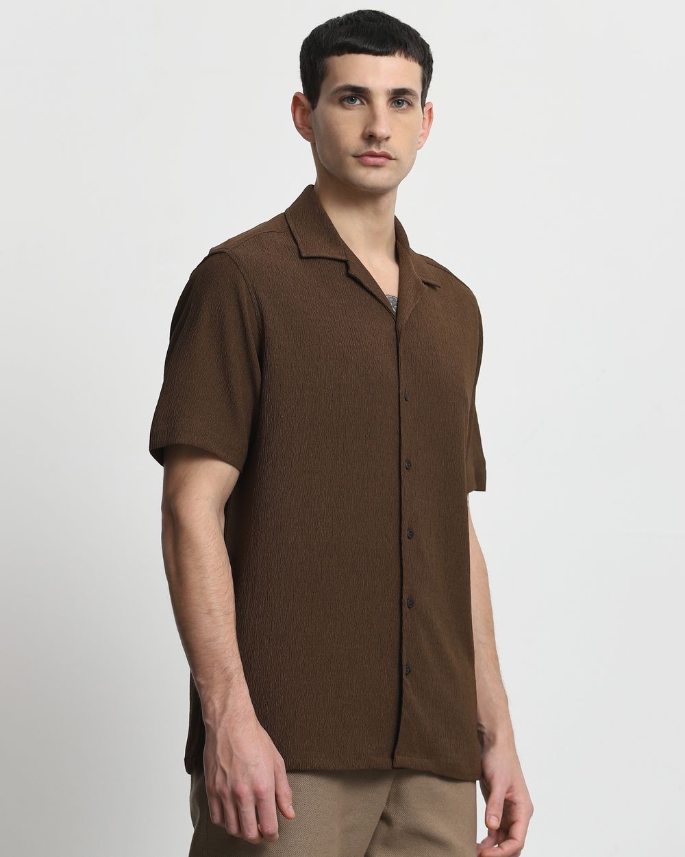 Brown Textured Plain  Relaxed Fit Casual Shirt