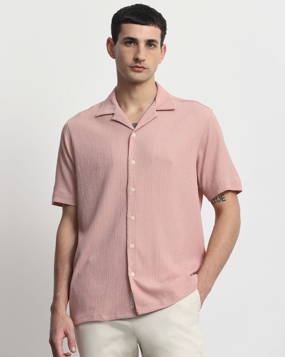 Pastel Pink Textured Plain  Relaxed Fit Casual Shirt
