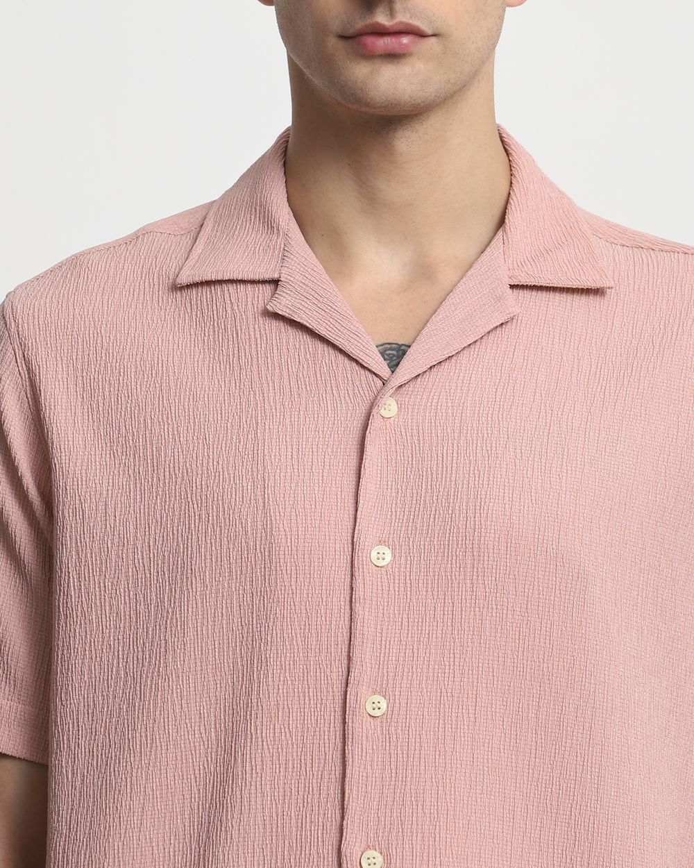 Pastel Pink Textured Plain  Relaxed Fit Casual Shirt