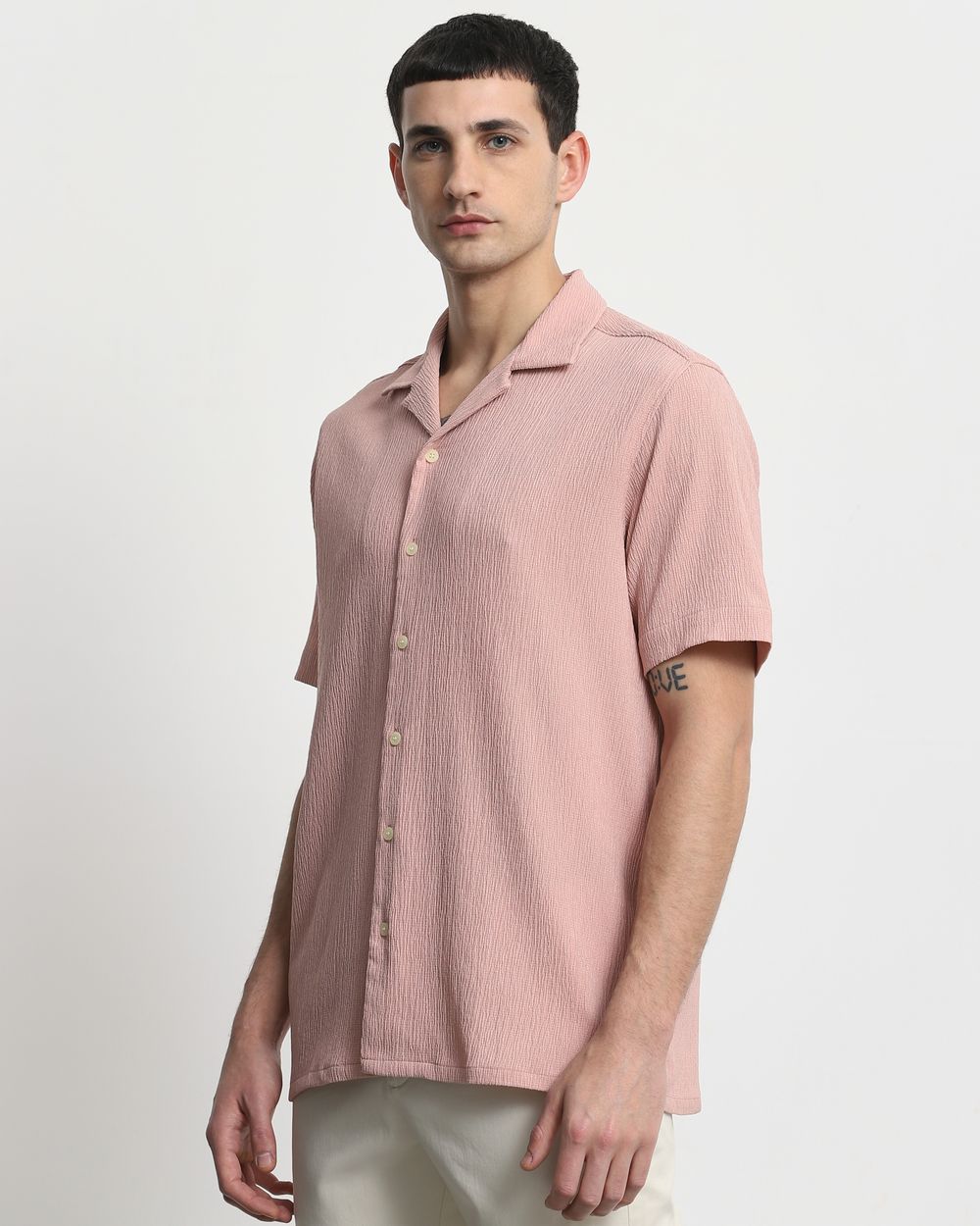 Pastel Pink Textured Plain  Relaxed Fit Casual Shirt