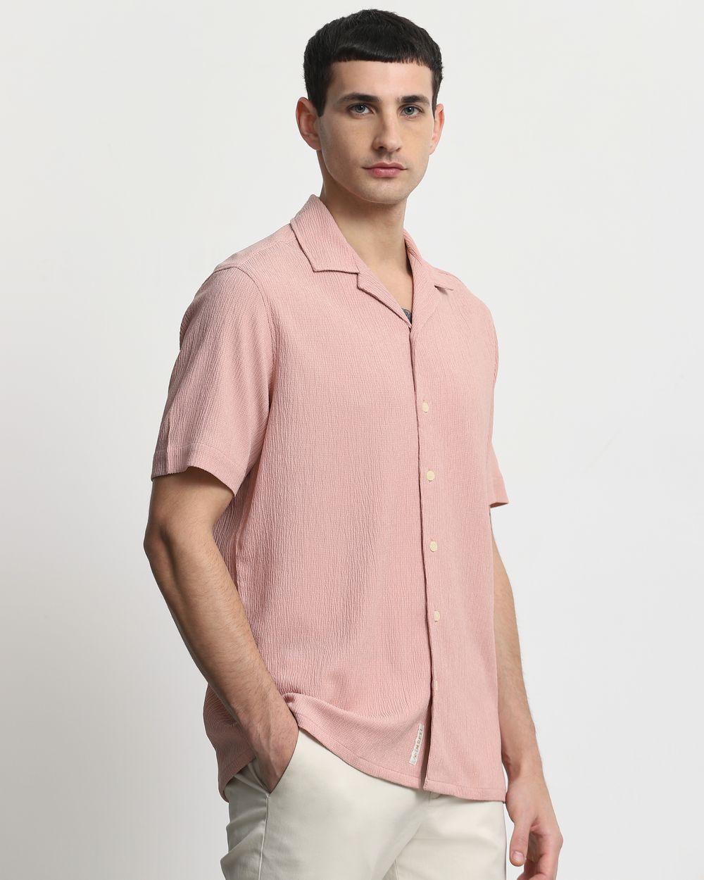 Pastel Pink Textured Plain  Relaxed Fit Casual Shirt