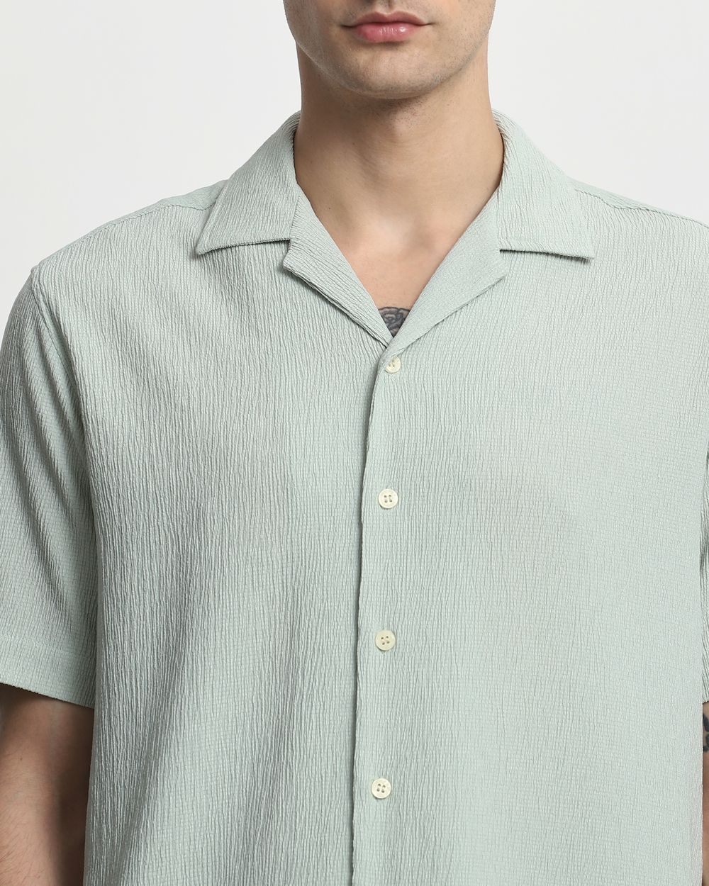 Light Green Textured Plain  Relaxed Fit Casual Shirt