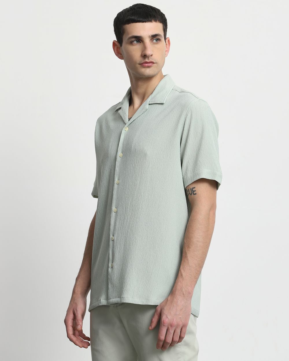 Light Green Textured Plain  Relaxed Fit Casual Shirt