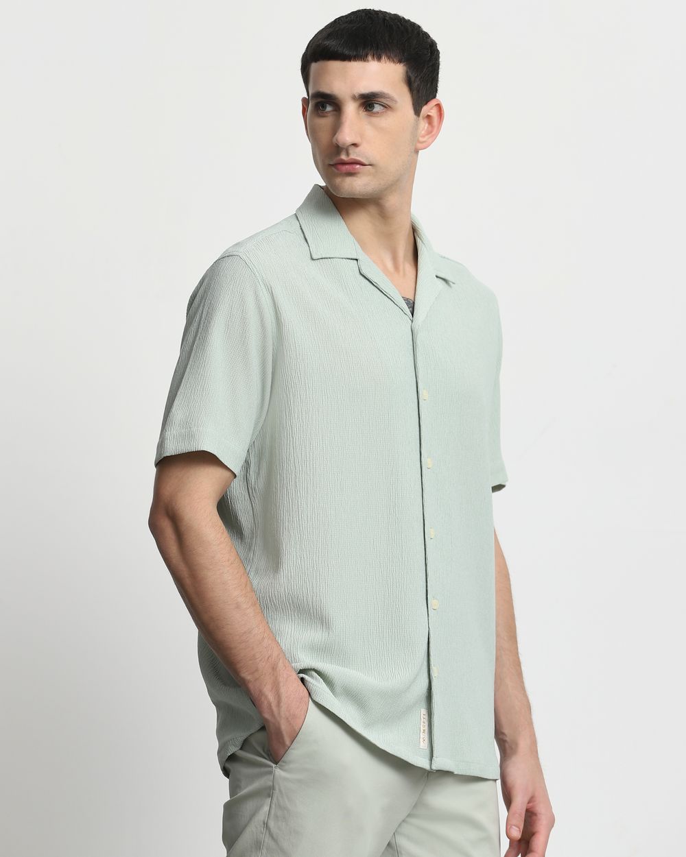 Light Green Textured Plain  Relaxed Fit Casual Shirt