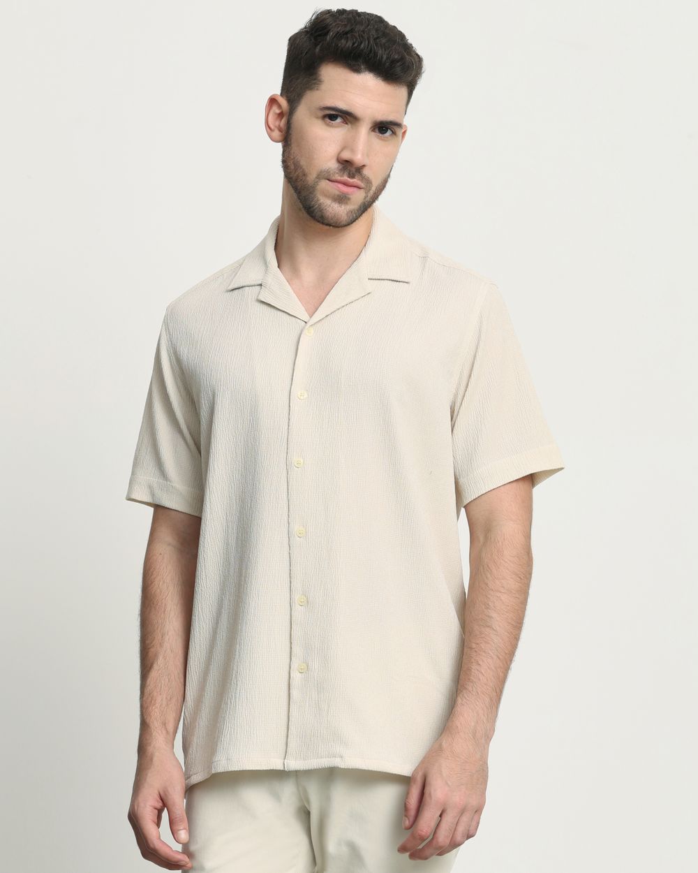 Beige Textured Plain  Relaxed Fit Casual Shirt