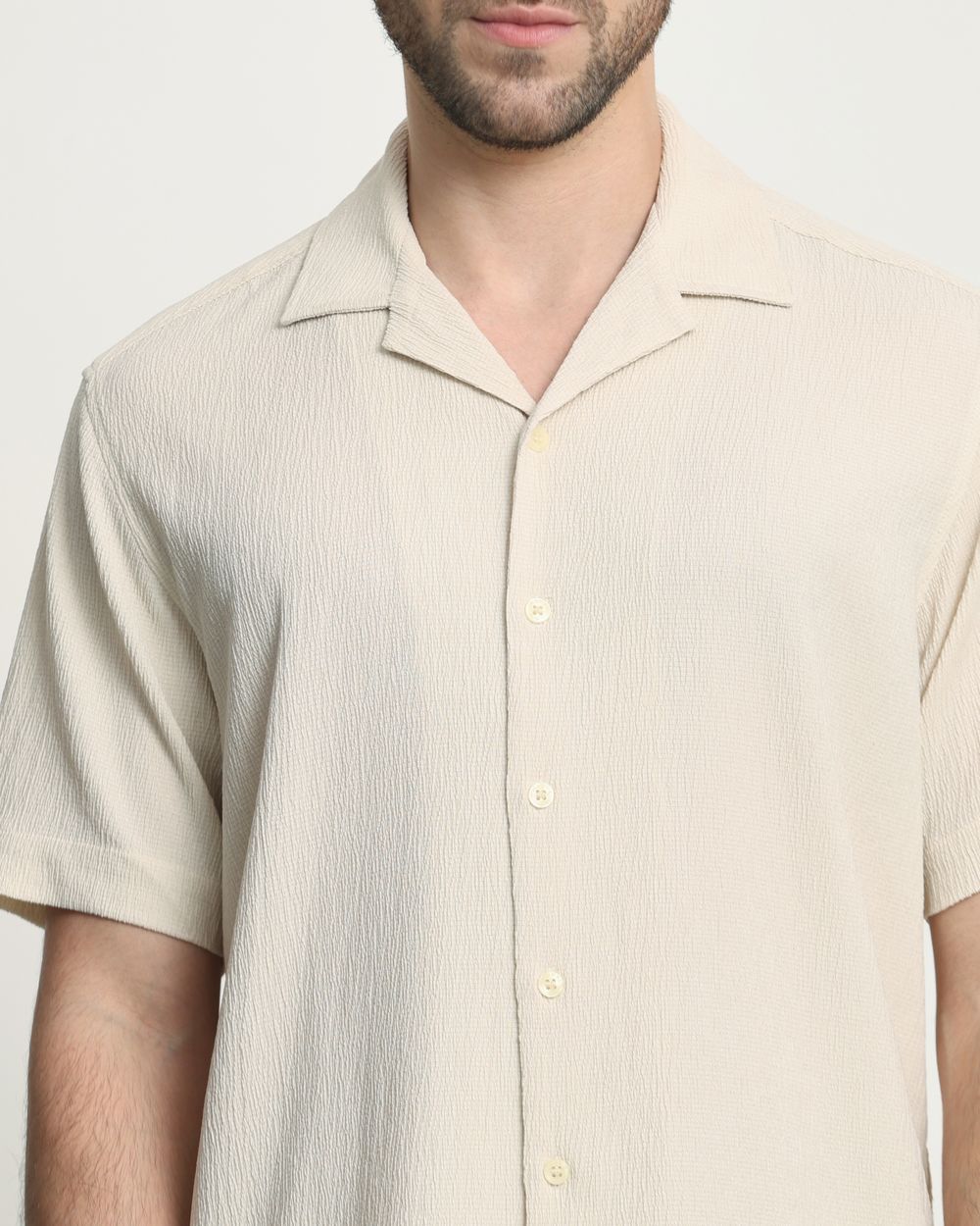 Beige Textured Plain  Relaxed Fit Casual Shirt
