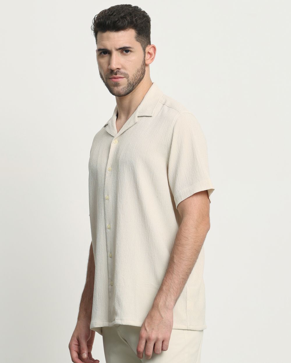 Beige Textured Plain  Relaxed Fit Casual Shirt