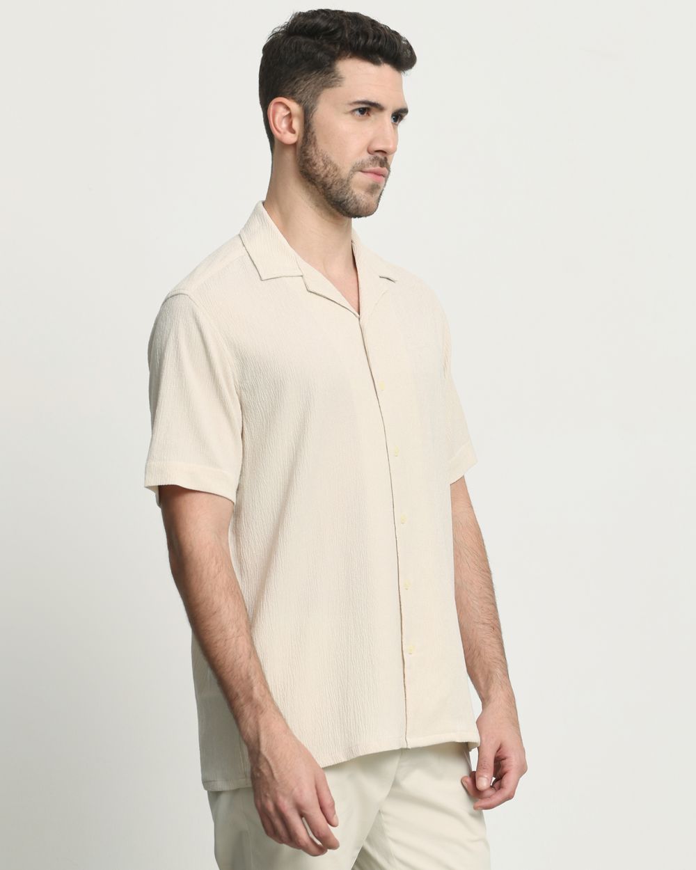 Beige Textured Plain  Relaxed Fit Casual Shirt