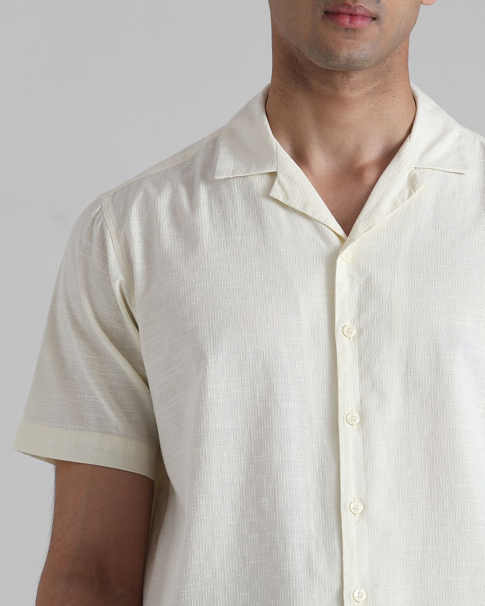Off White Textured Dobby  Slim Fit Casual Shirt