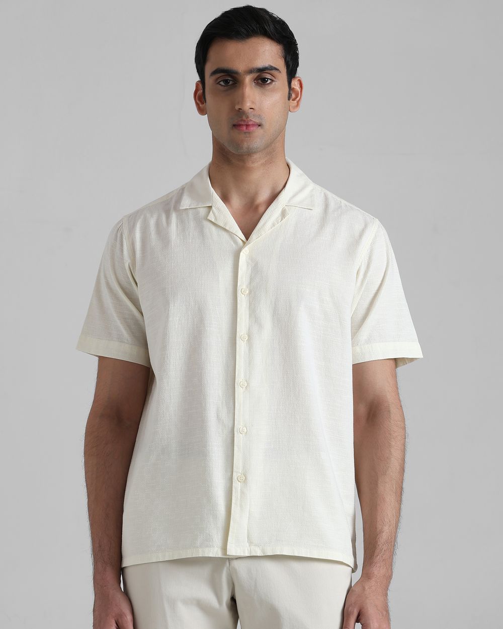 Off White Textured Dobby  Slim Fit Casual Shirt